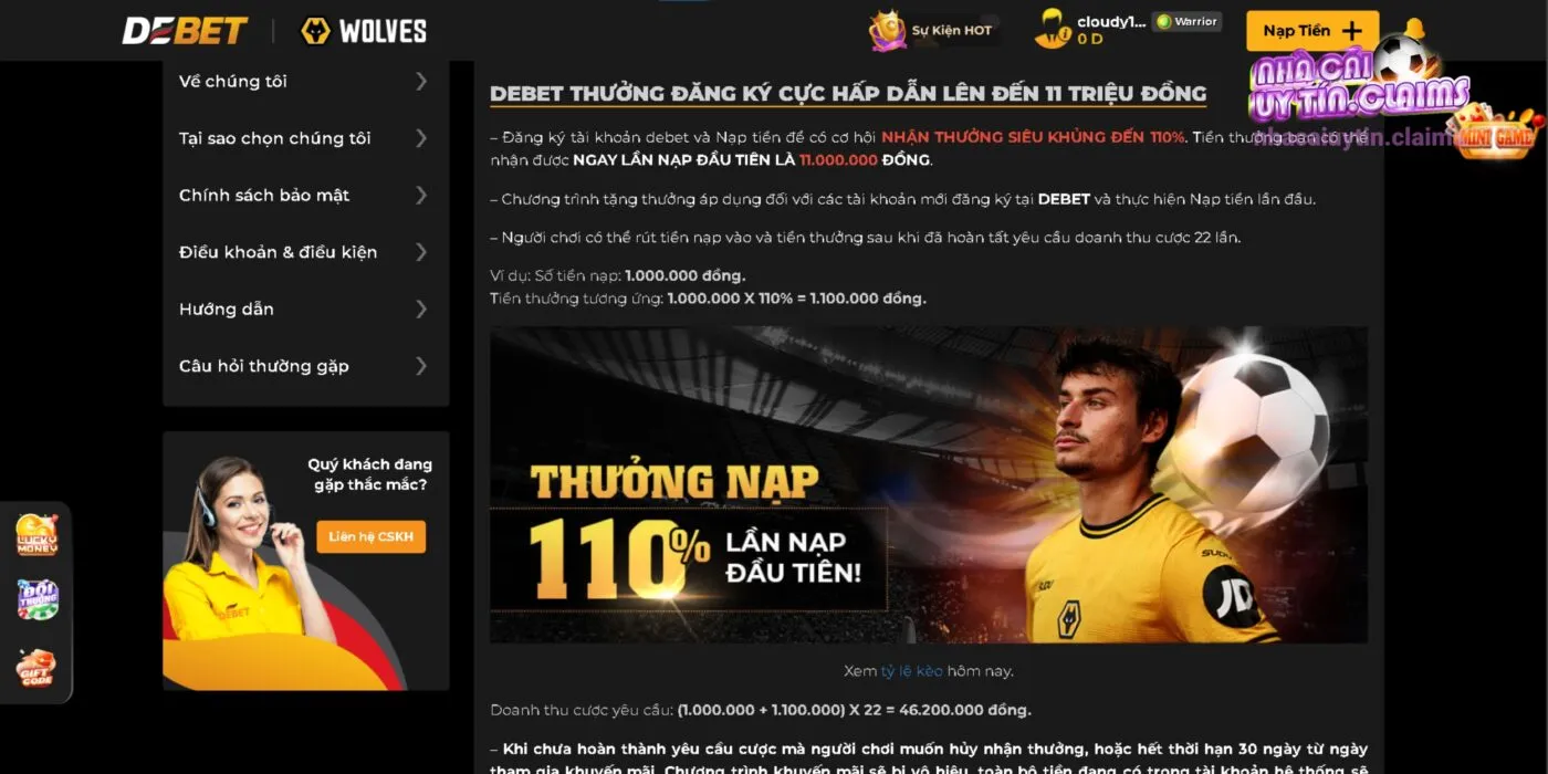 Khuyến Mãi 110% Tiền Nạp Lần Đầu Tại DEBET 