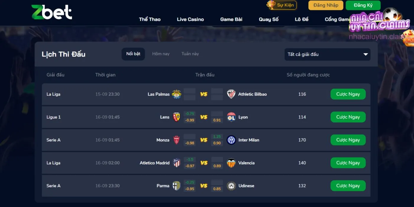 Lịch thi đấu các môn thể thao tại nhà cái hôm nay